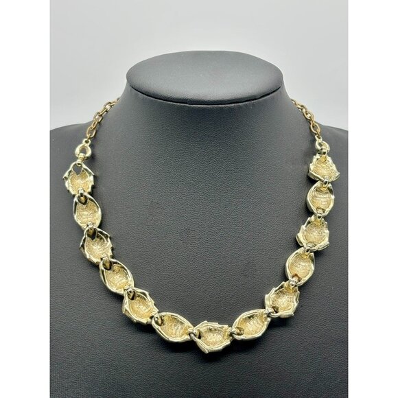 Vintage Enameled Textured Gold Tone Connected Leaves Necklace W Matching Earring - Picture 11 of 12